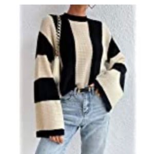 Bold Stripe Bell Sleeve Knit Sweater. Black & Off White. Size S/M NWOT